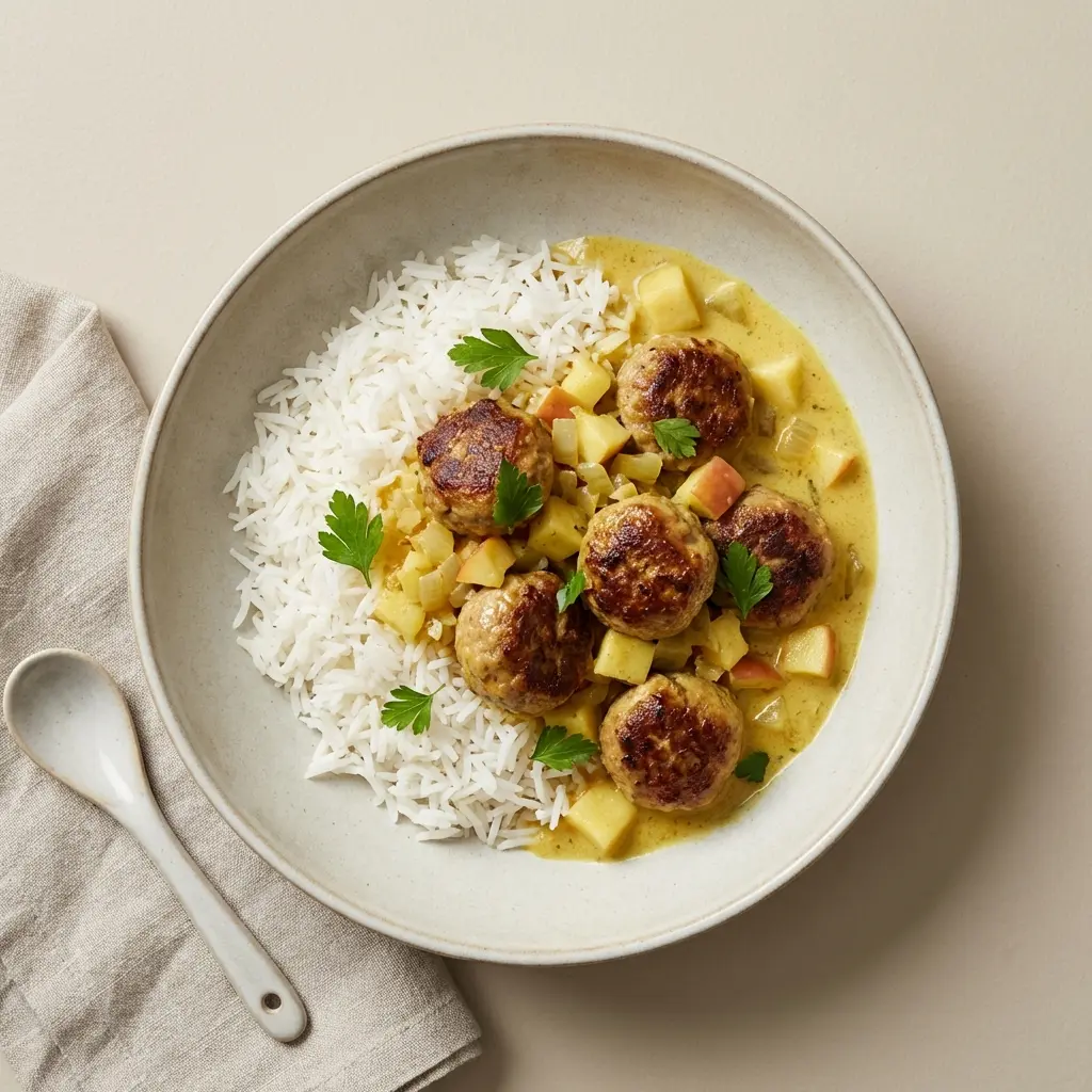 Foto del plato terminado de la receta albóndigas al curry con arroz
