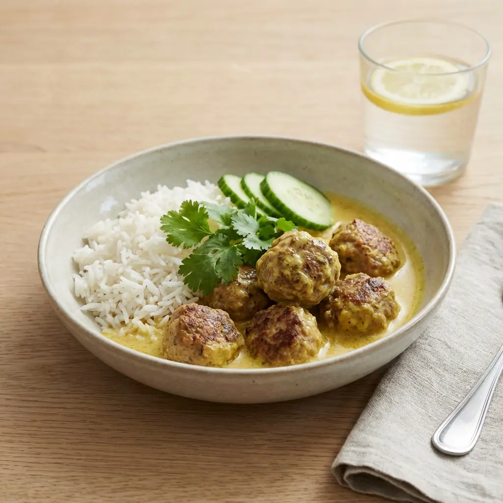 Foto del plato terminado de la receta albóndigas al curry