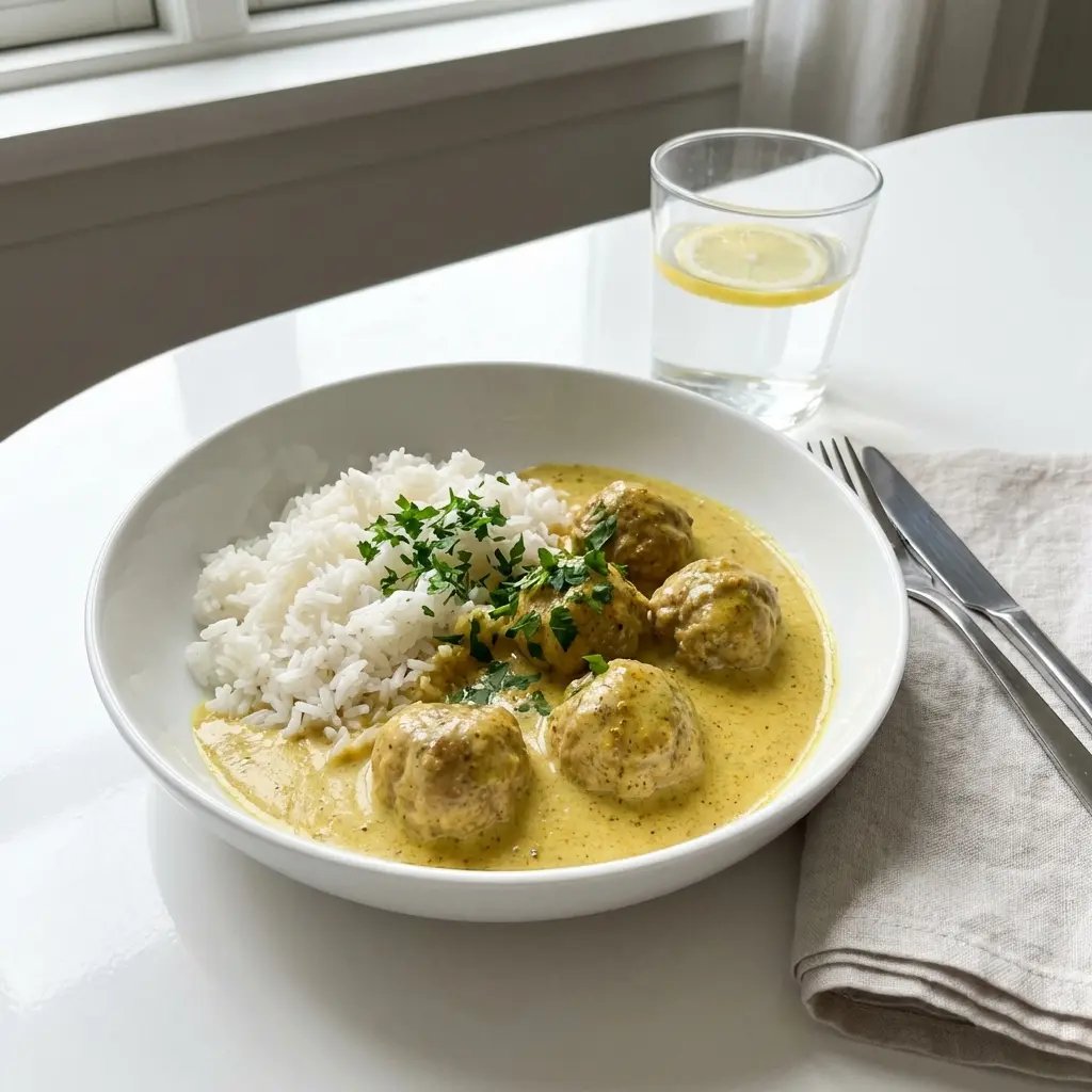 Foto del plato terminado de la receta albóndigas clásicas al curry