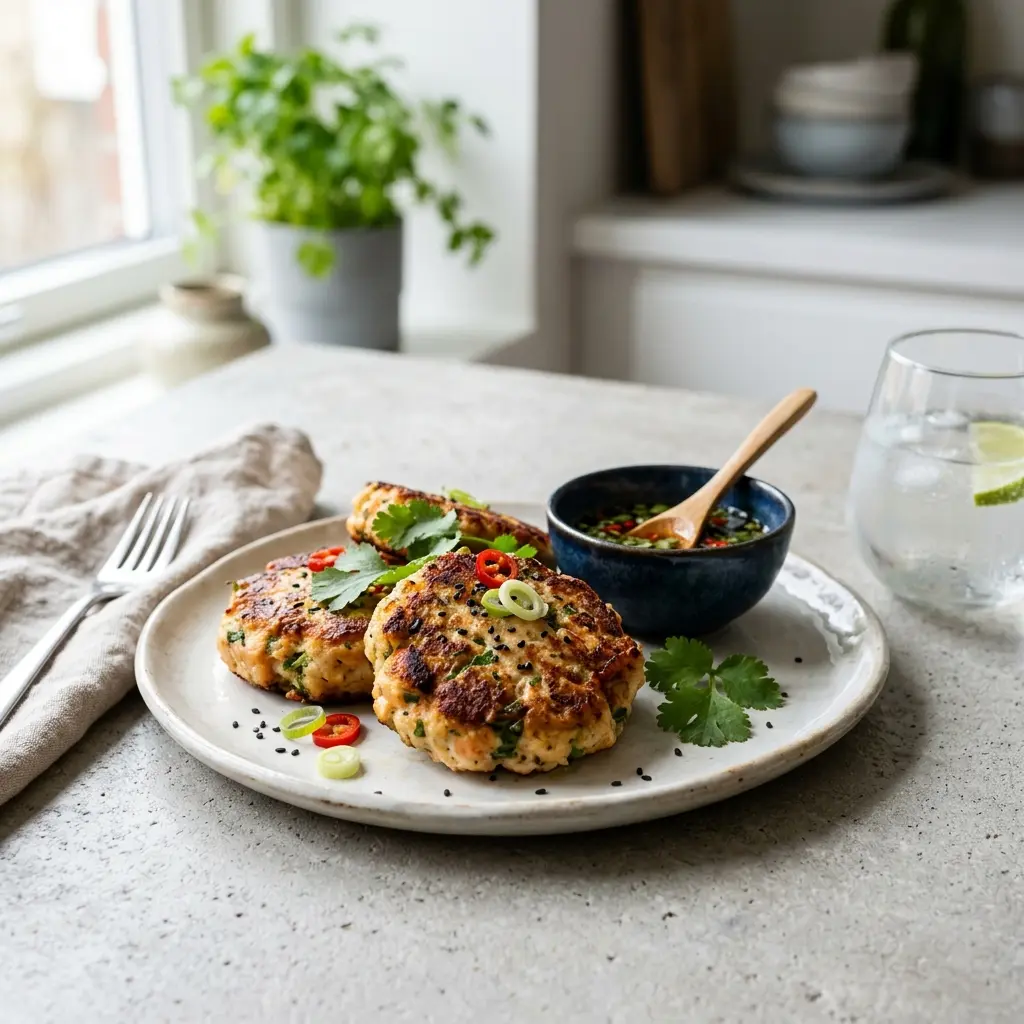 Foto del plato terminado de la receta albóndigas de pescado asiáticas