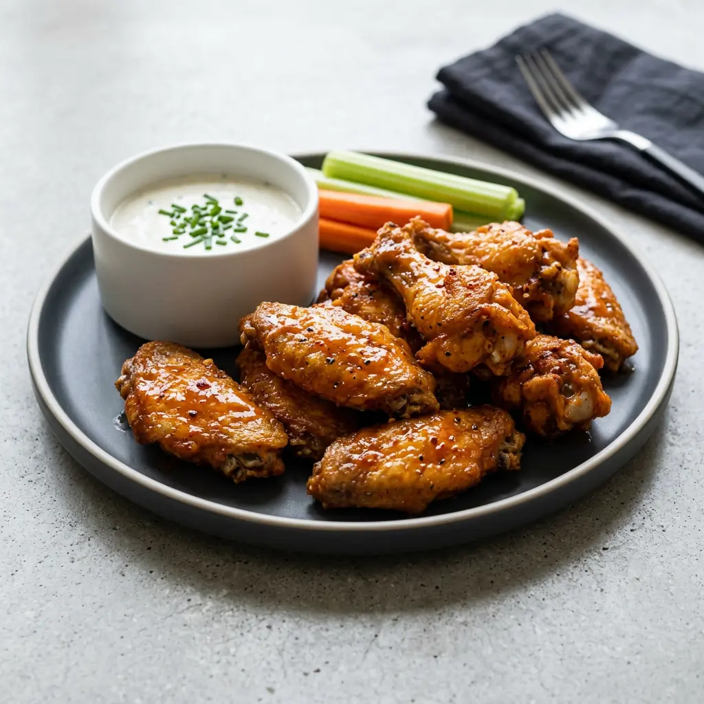 Foto de Alitas de pollo picantes en freidora de aire preparado en freidora de aire