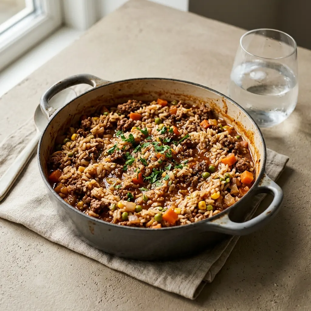 Foto del plato terminado de la receta arroz con ternera en una sola olla