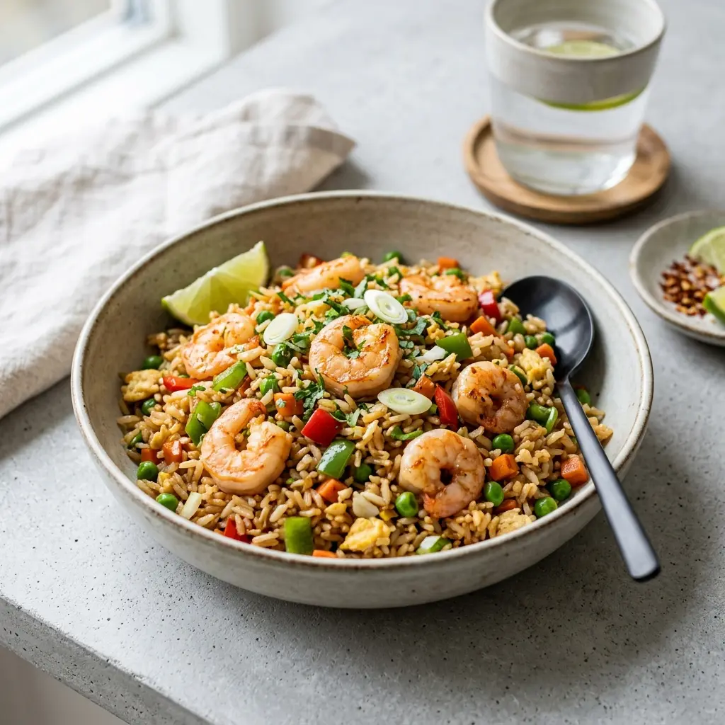 Foto del plato terminado de la receta arroz frito con gambas