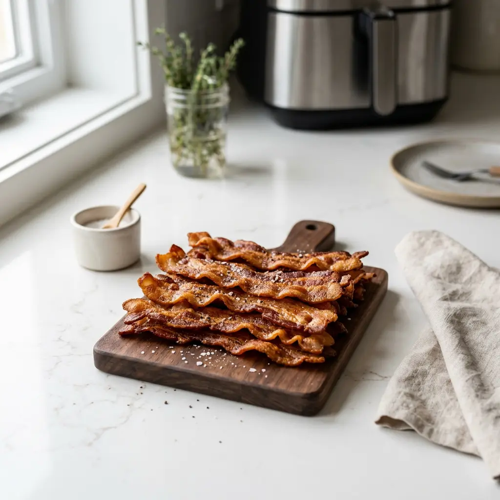 Foto de Bacon en freidora de aire preparado en freidora de aire