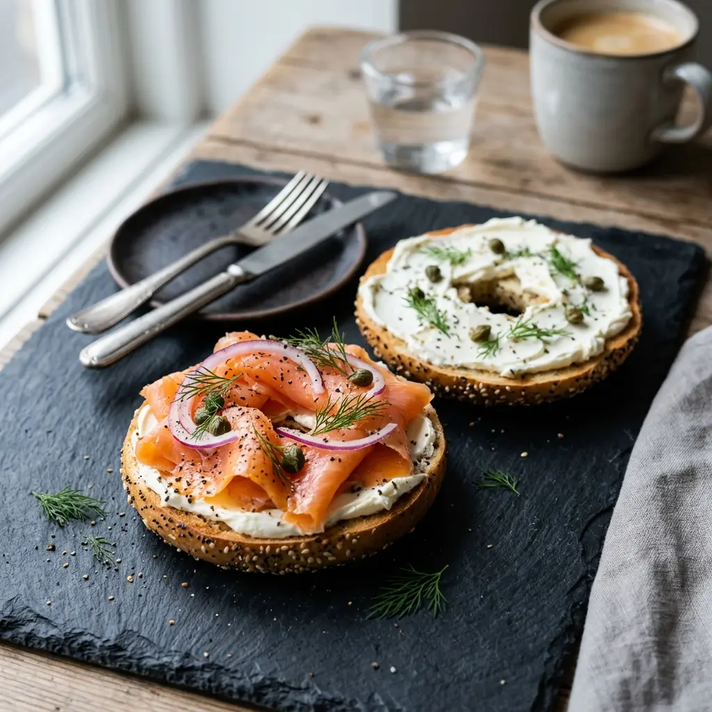 Foto de la sopa de la receta bagel con salmón y queso crema