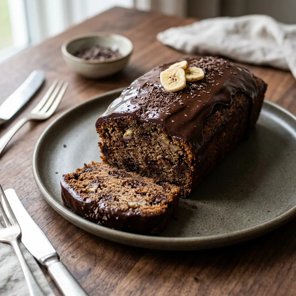 Foto del postre de la receta bizcocho de plátano con chocolate