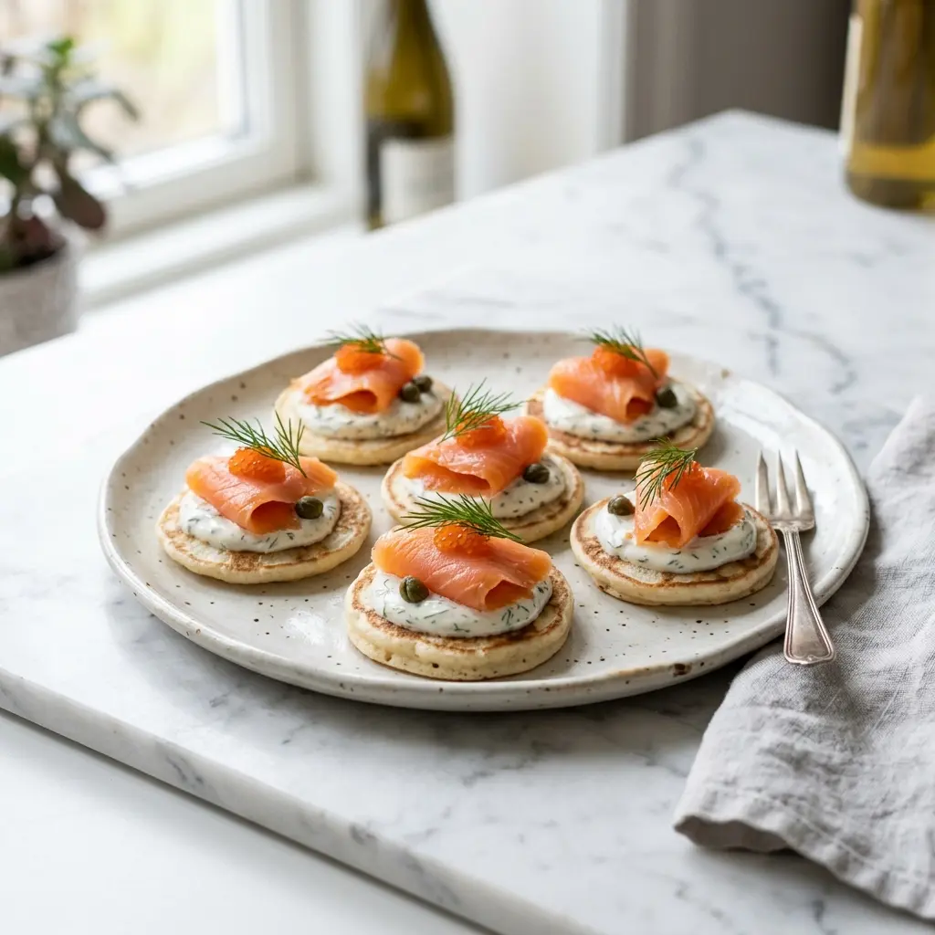 Foto del plato terminado de la receta blinis con salmón ahumado