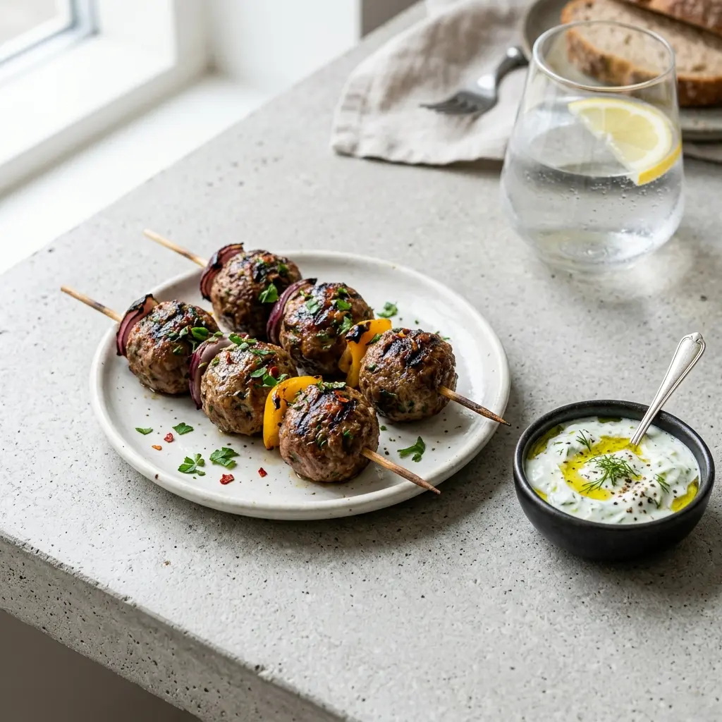 Foto del plato terminado de la receta brochetas de albóndigas