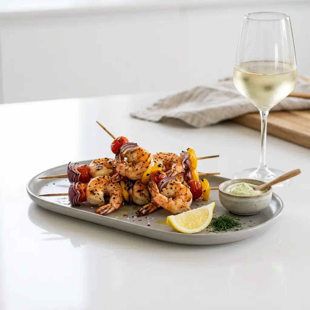 Foto del plato terminado de la receta brochetas de gambas a la parrilla
