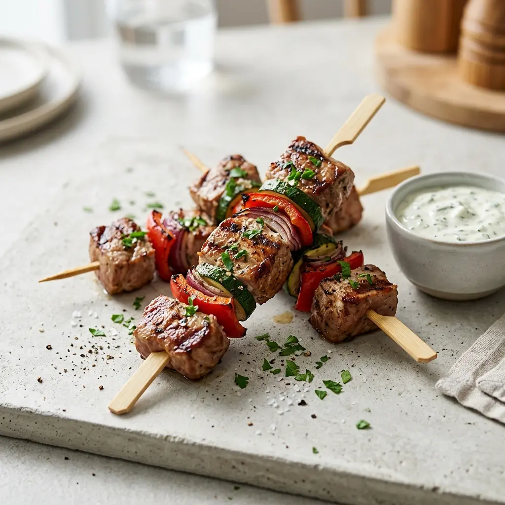 Foto del plato terminado de la receta brochetas de solomillo de cerdo
