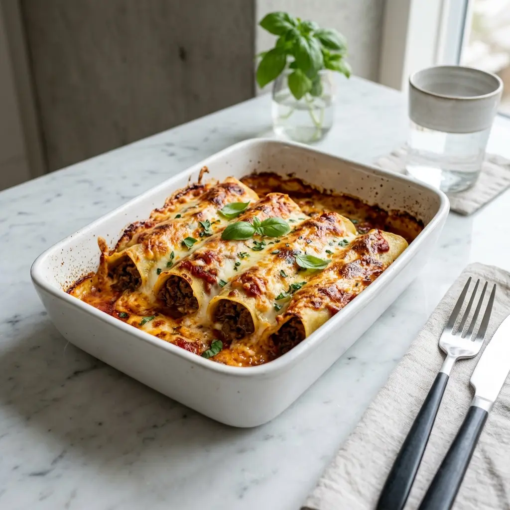 Foto del plato terminado de la receta canelones con ternera