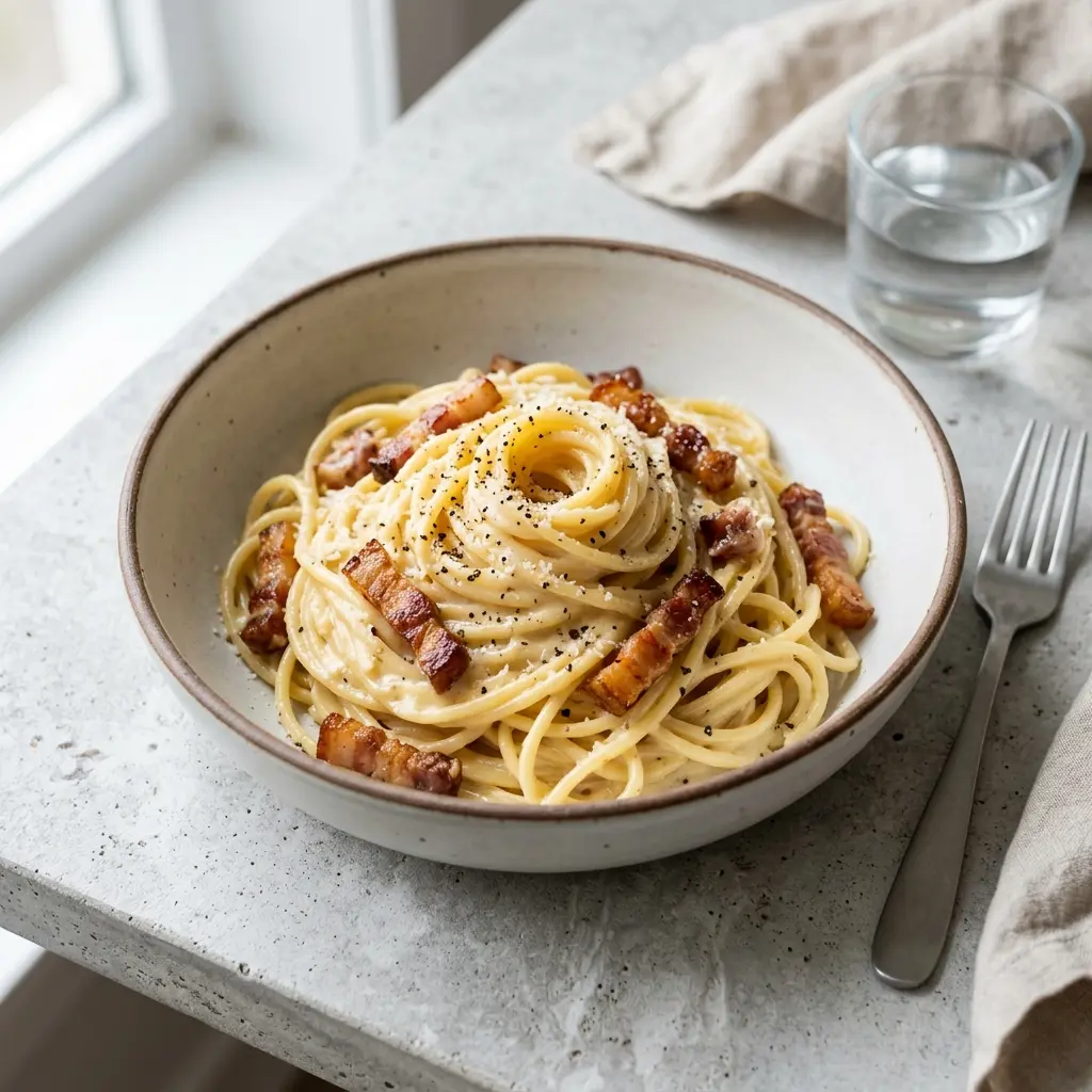 Foto del plato terminado de la receta carbonara clásica