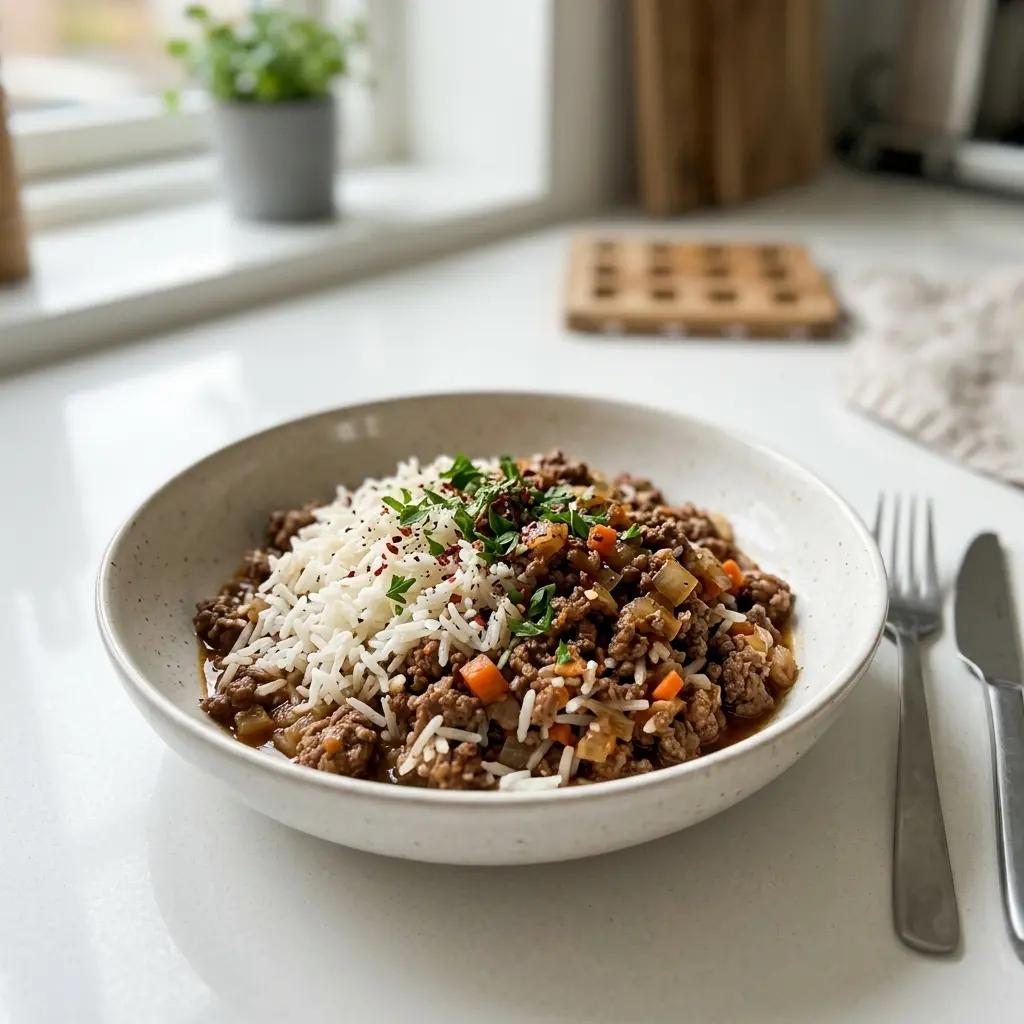 Foto del plato terminado de la receta carne picada de ternera con arroz