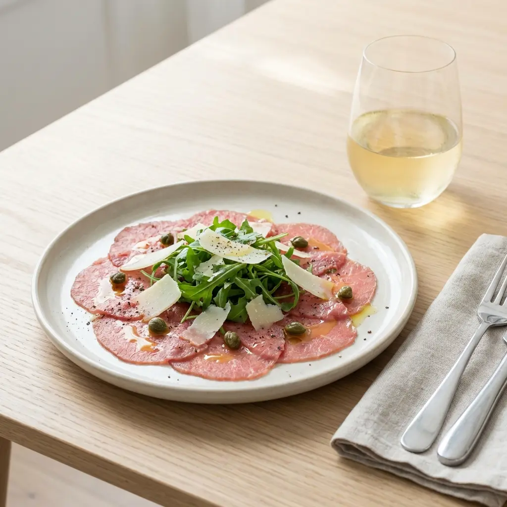 Foto del plato terminado de la receta carpaccio de ternera lechal