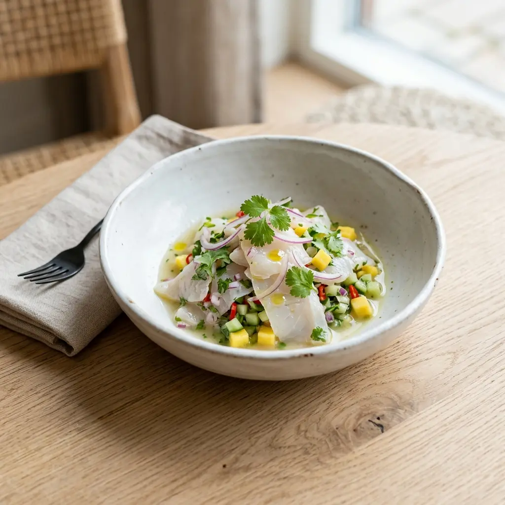 Foto del plato terminado de la receta ceviche de pescado plano