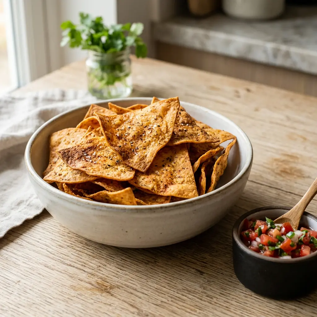 Foto de Chips de tortilla en freidora de aire preparado en freidora de aire