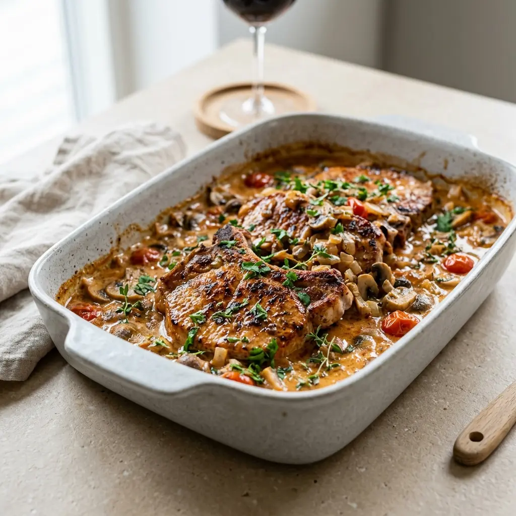 Foto de la salsa o acompañamiento de la receta chuletas de cerdo al horno en salsa
