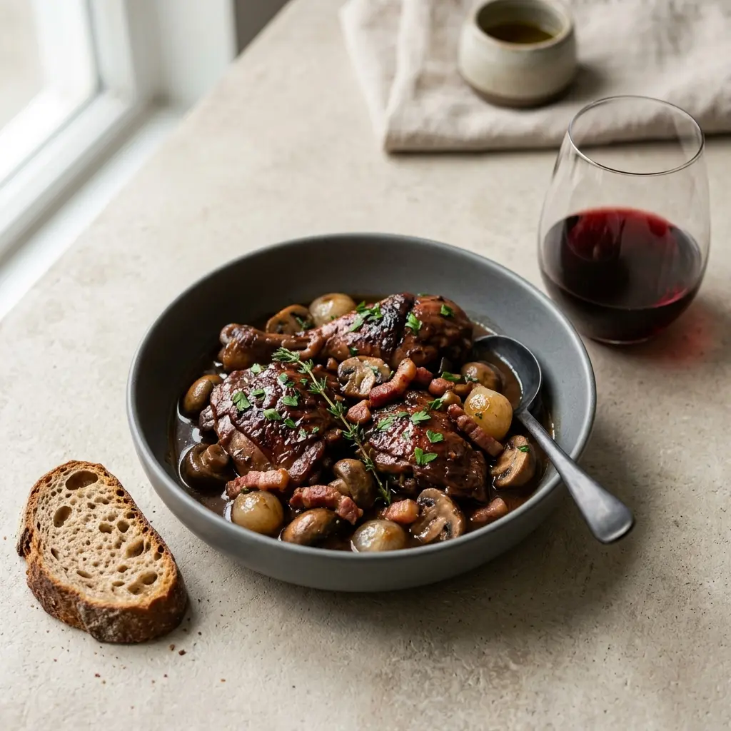 Foto del plato terminado de la receta coq au vin