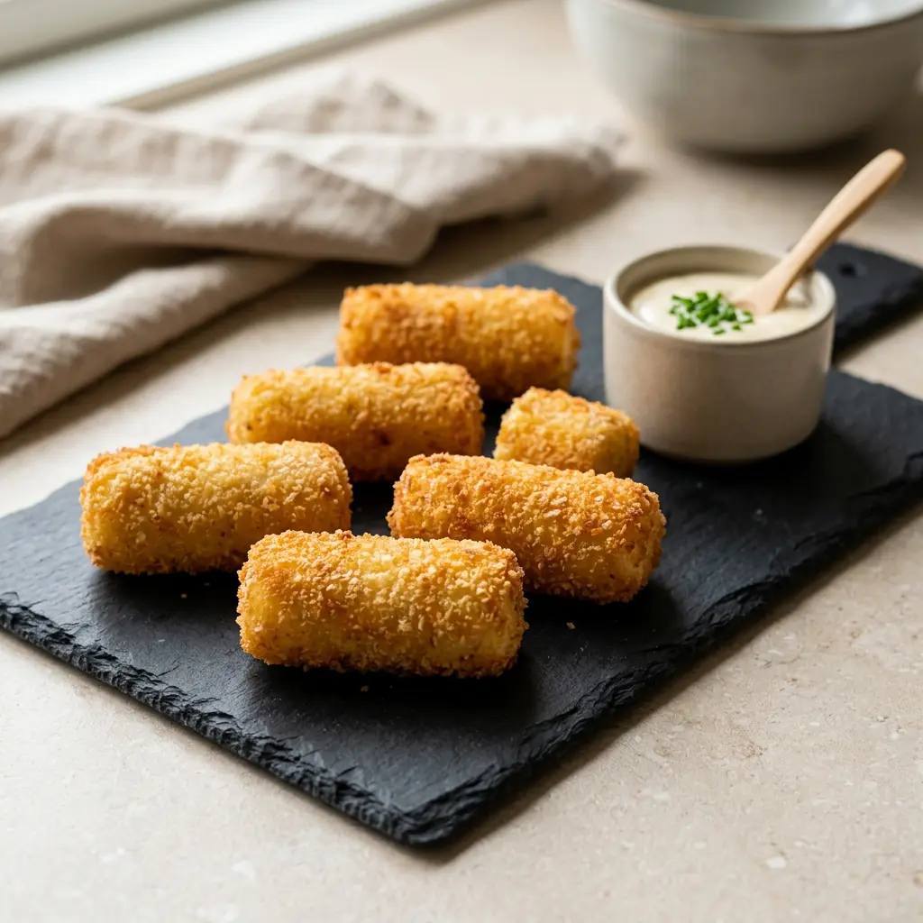 Foto de Croquetas de patata en freidora de aire preparado en freidora de aire
