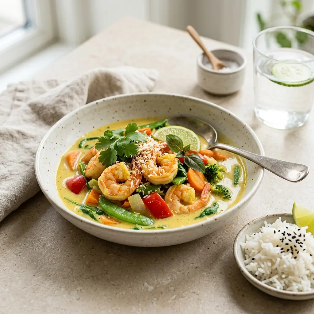 Foto del plato terminado de la receta curry con gambas