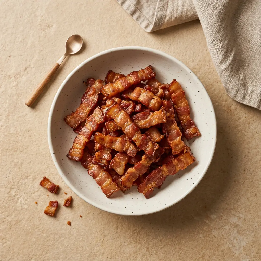 Foto de Dados de bacon en freidora de aire preparado en freidora de aire
