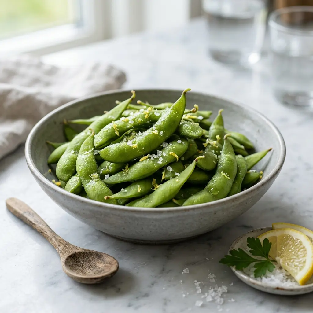 Foto del plato terminado de la receta edamame con sal y limón
