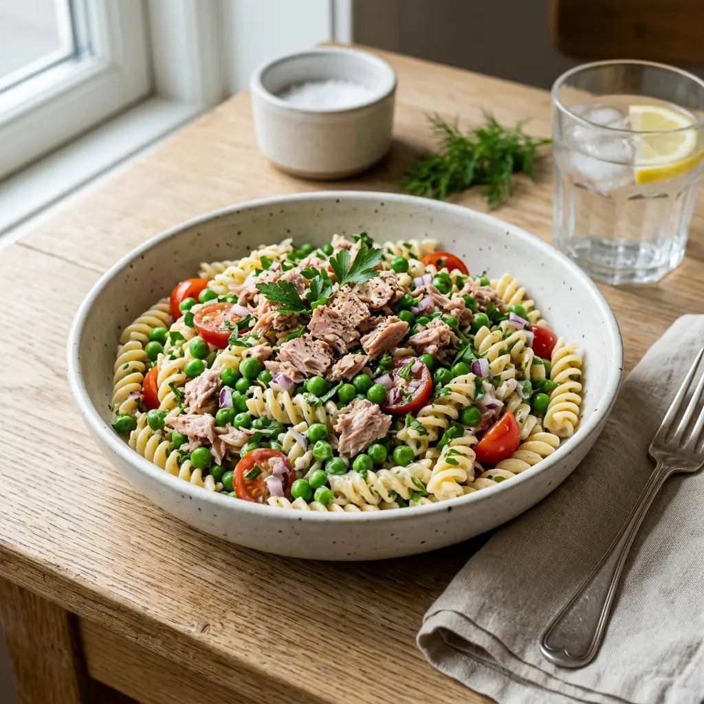 Foto de la ensalada de la receta ensalada de pasta con atún y guisantes