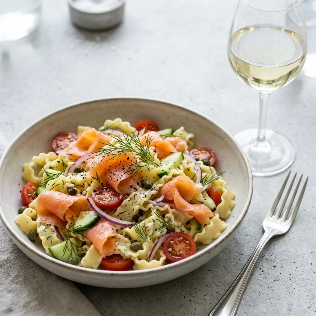 Foto de la ensalada de la receta ensalada de pasta con salmón ahumado en frío