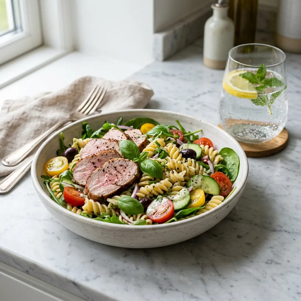 Foto de la ensalada de la receta ensalada de pasta con solomillo de cerdo