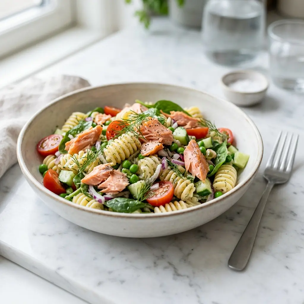 Foto de la ensalada de la receta ensalada fría de pasta con salmón ahumado en caliente
