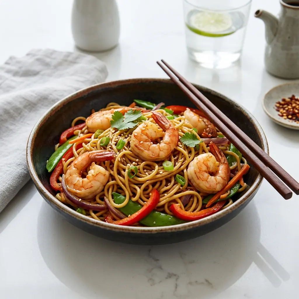 Foto del plato terminado de la receta fideos asiáticos con gambas