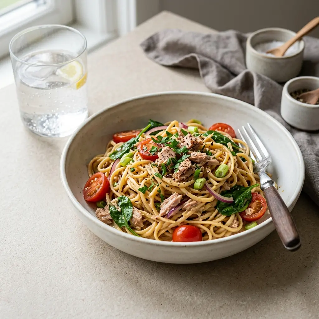 Foto del plato terminado de la receta fideos con atún