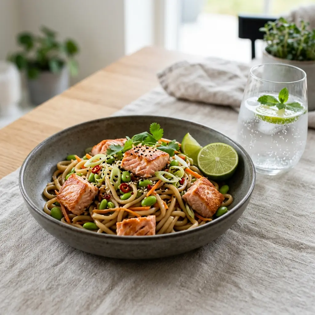 Foto del plato terminado de la receta fideos con salmón