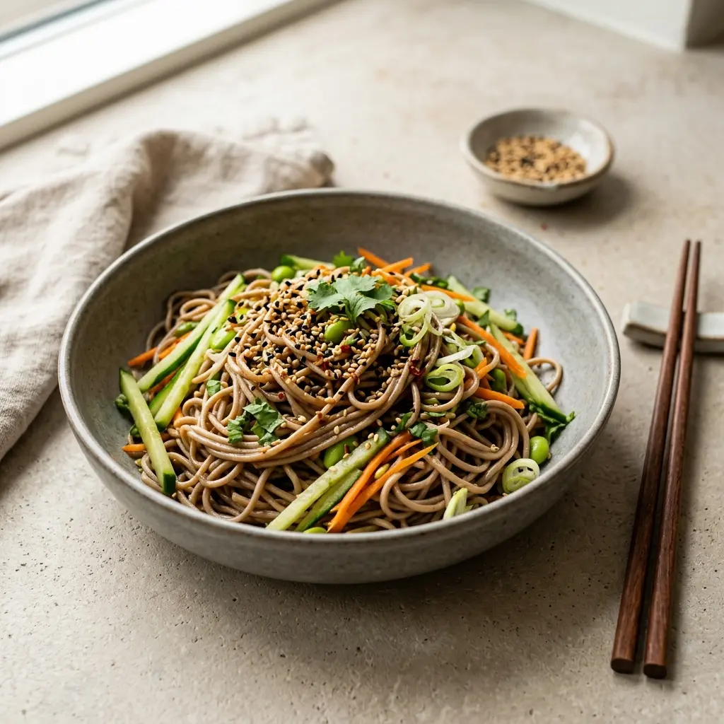 Foto del plato terminado de la receta fideos soba con sésamo