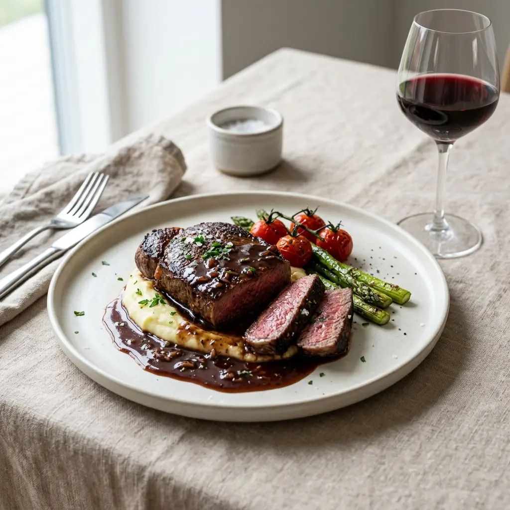 Foto de la salsa o acompañamiento de la receta filete con salsa de vino tinto