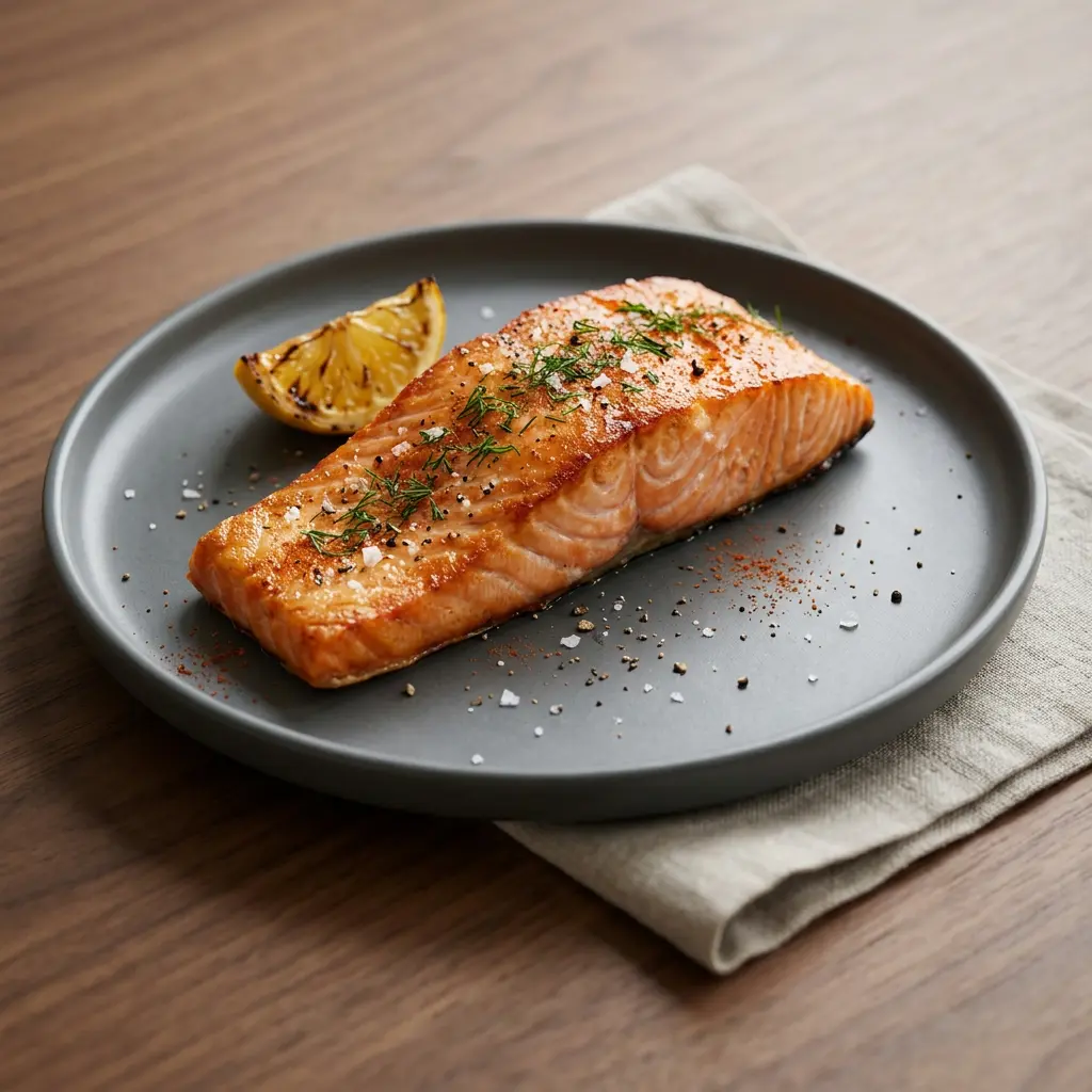 Foto de Filete de salmón en freidora de aire preparado en freidora de aire