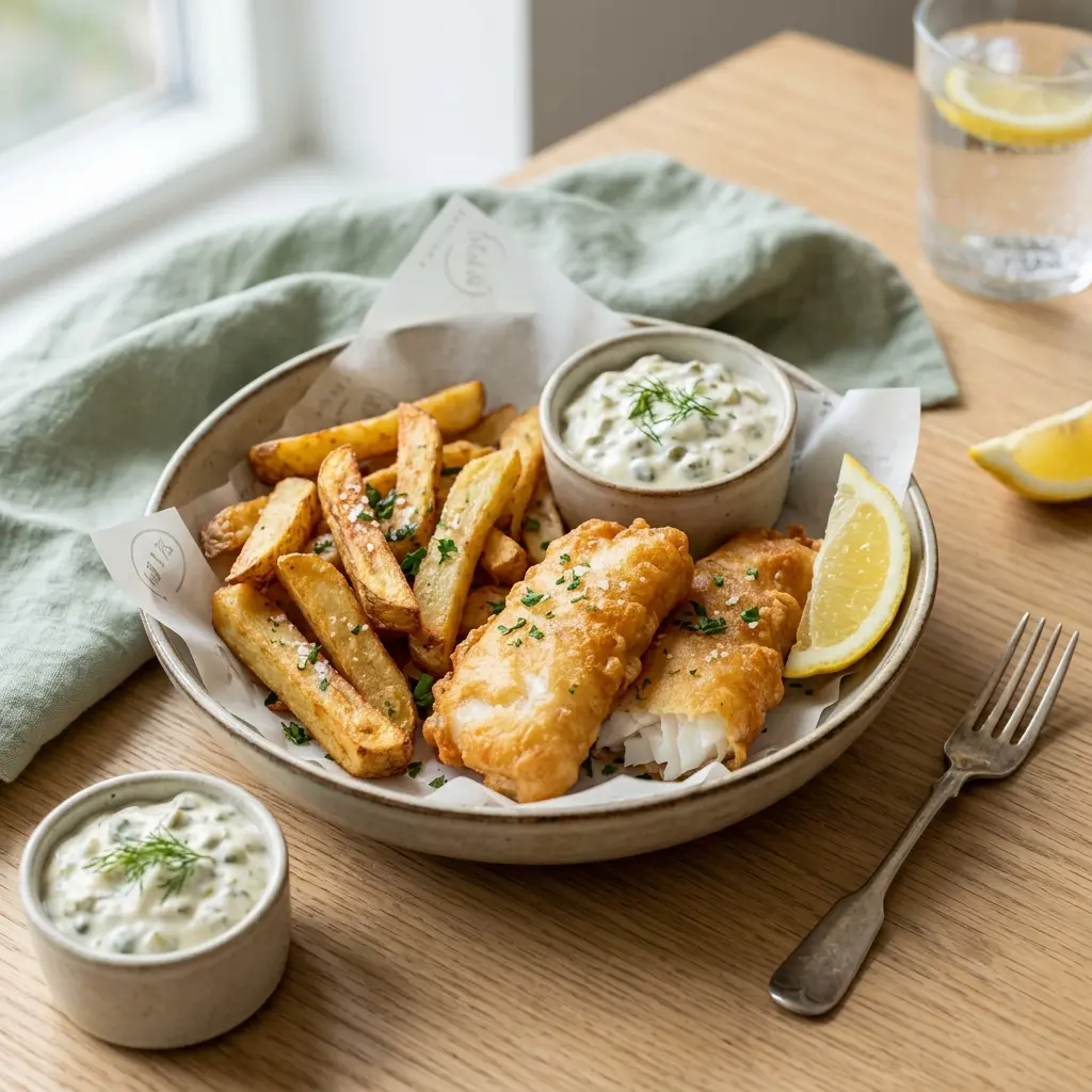 Foto del plato terminado de la receta fish and chips casero