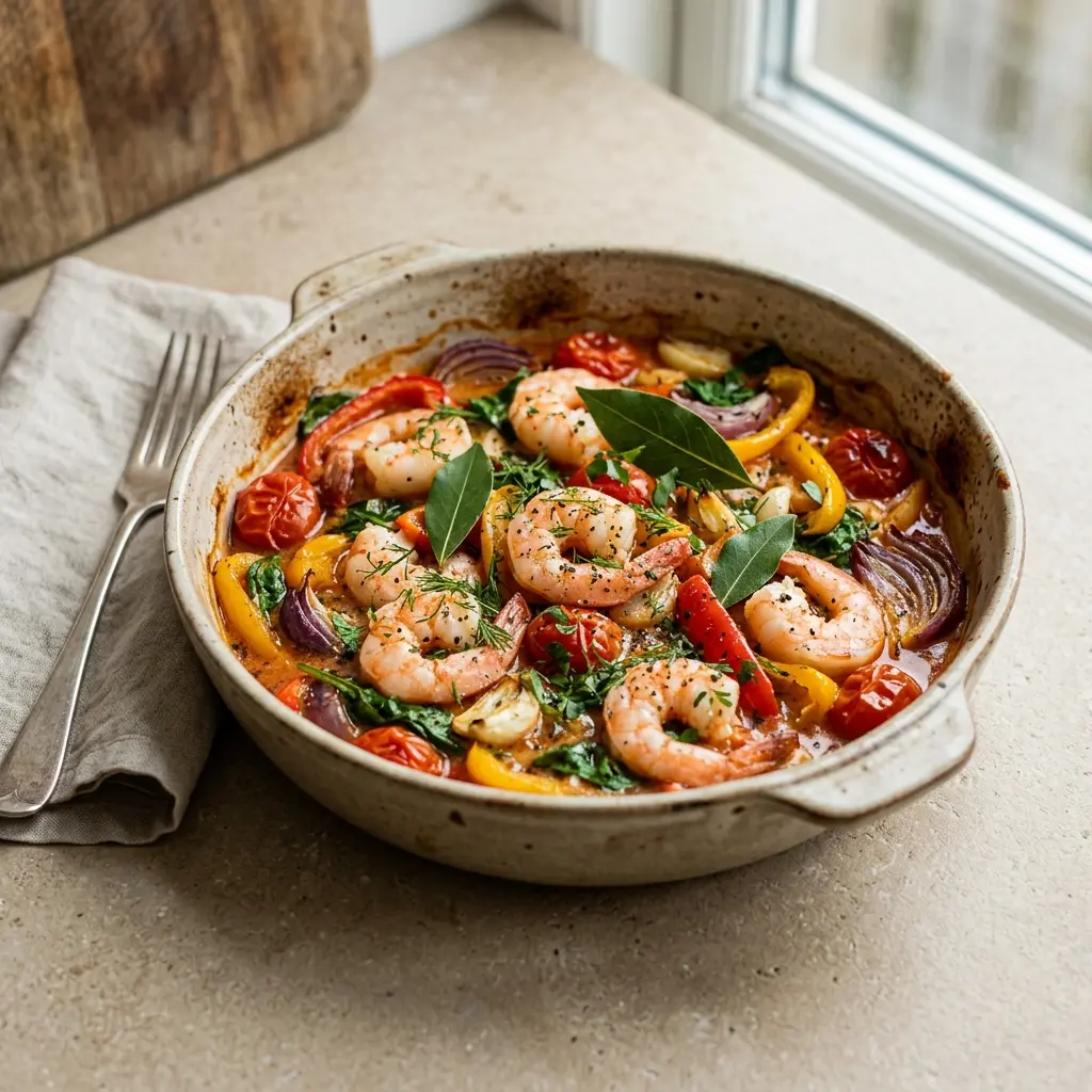 Foto del plato terminado de la receta gambas en fuente al horno con verduras