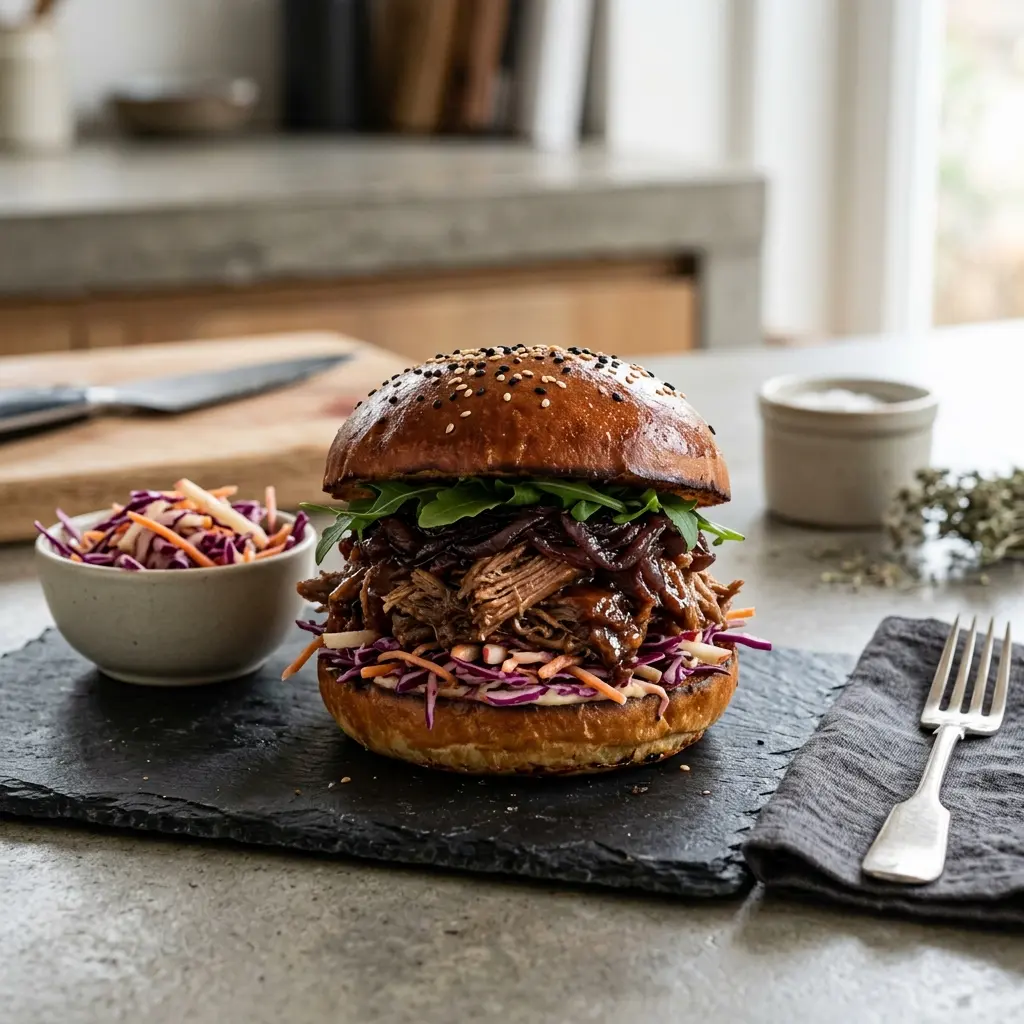 Foto del plato terminado de la receta hamburguesa de pato desmenuzado