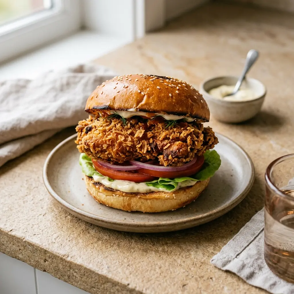 Foto del plato terminado de la receta hamburguesa de pollo crujiente