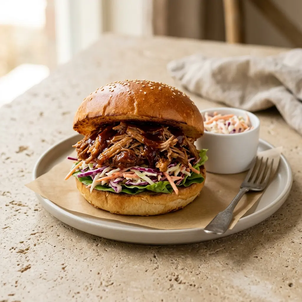 Foto del plato terminado de la receta hamburguesa de pulled pork