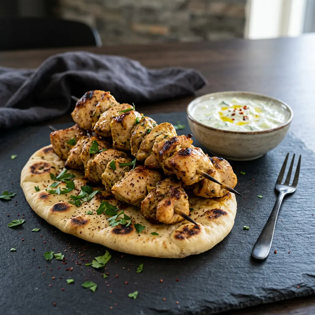 Foto de Kebab de pollo en freidora de aire preparado en freidora de aire