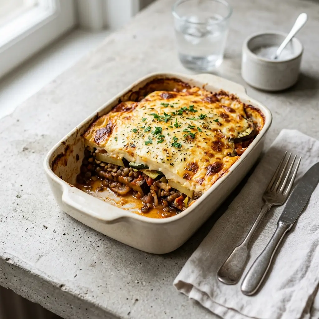 Foto del plato terminado de la receta moussaka vegetariana