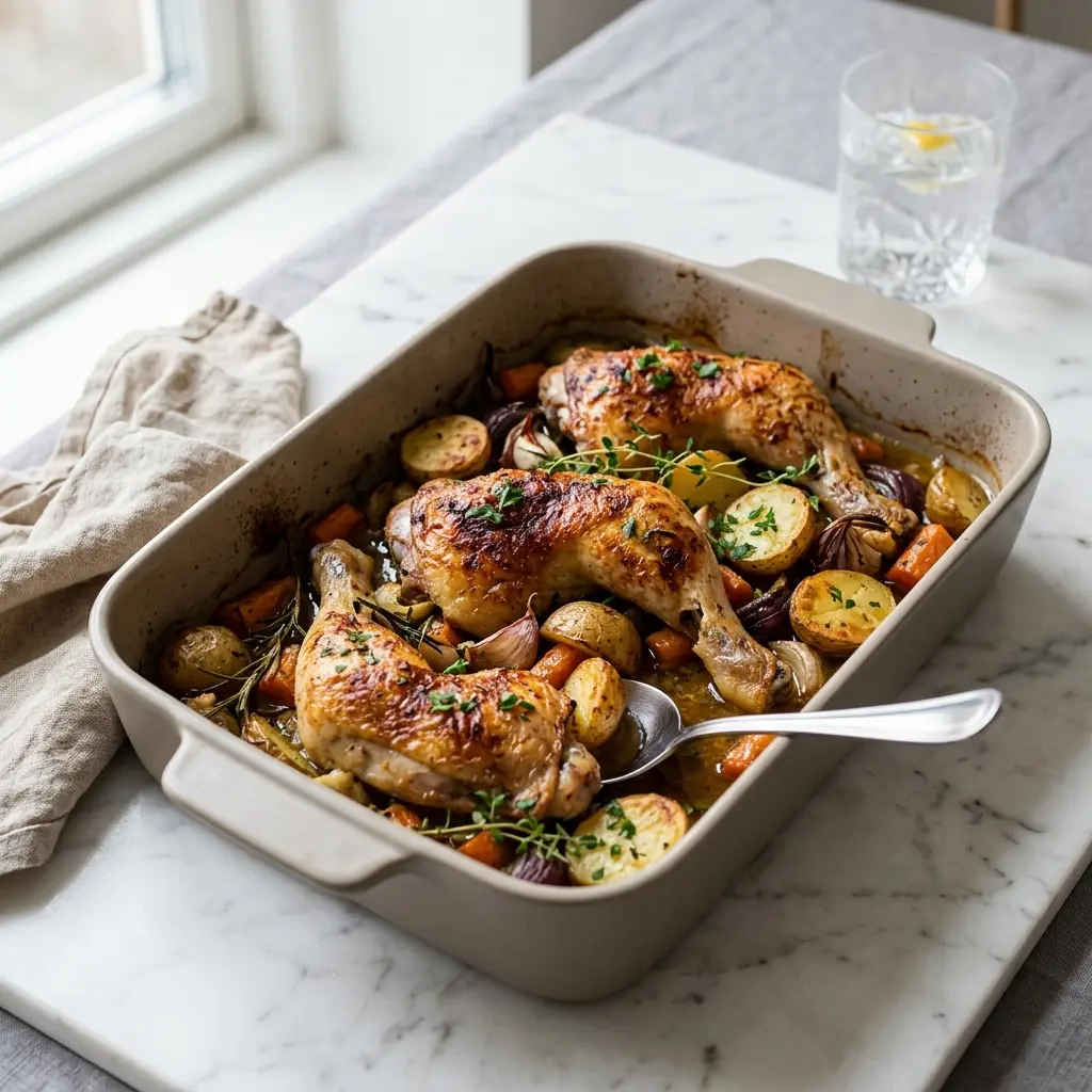Foto del plato terminado de la receta muslos de pollo en fuente al horno