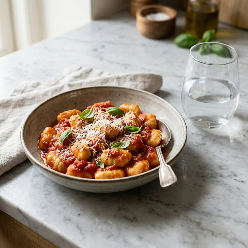 Foto de la salsa o acompañamiento de la receta ñoquis con salsa de tomate