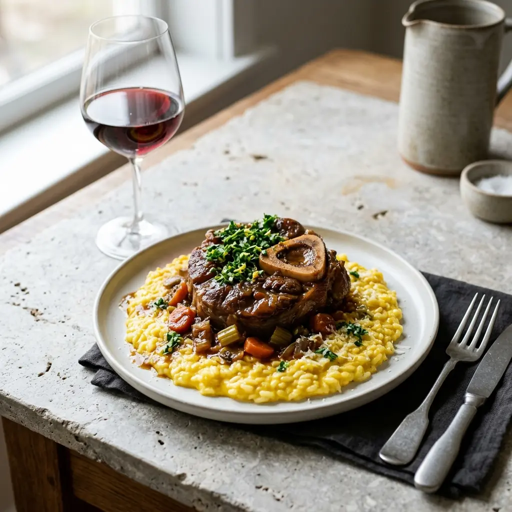 Foto del plato terminado de la receta ossobuco con risotto