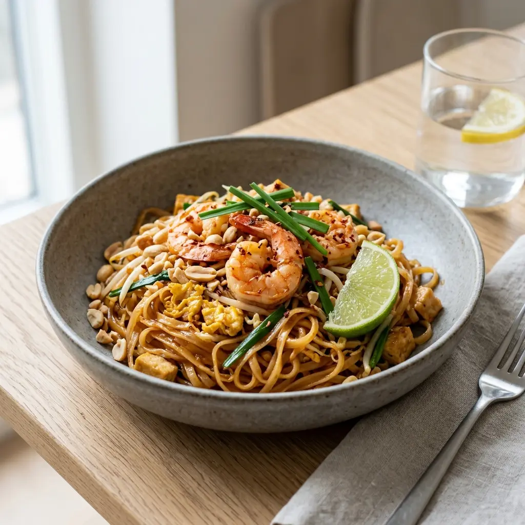 Foto del plato terminado de la receta pad thai con gambas