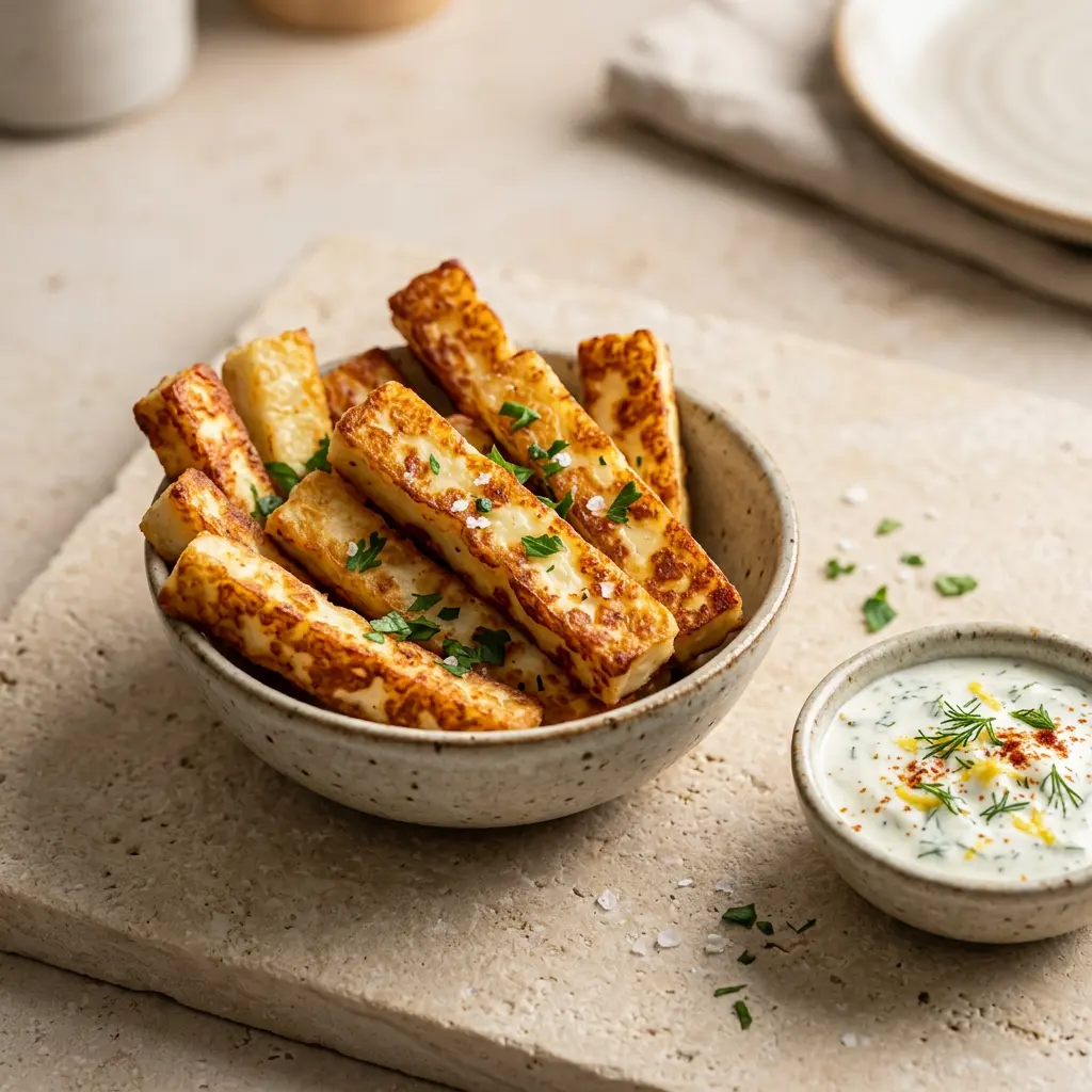 Foto de Palitos de halloumi en freidora de aire preparado en freidora de aire