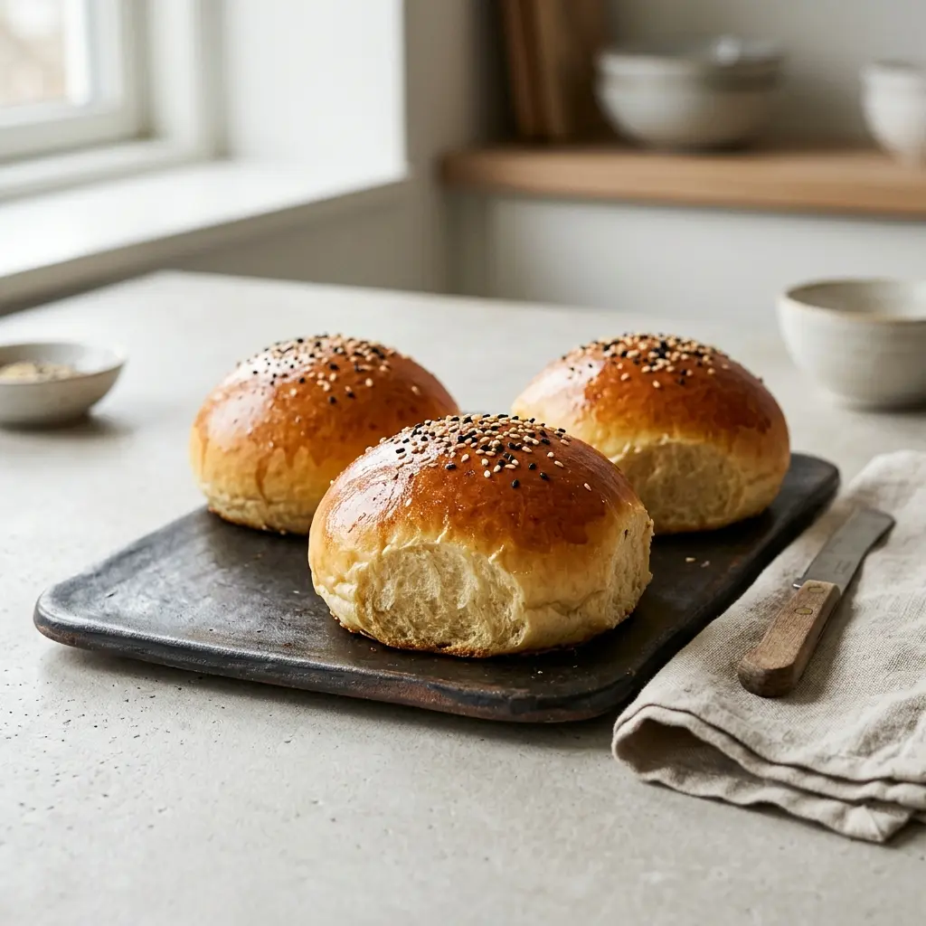 Foto del plato terminado de la receta panecillos brioche para hamburguesa