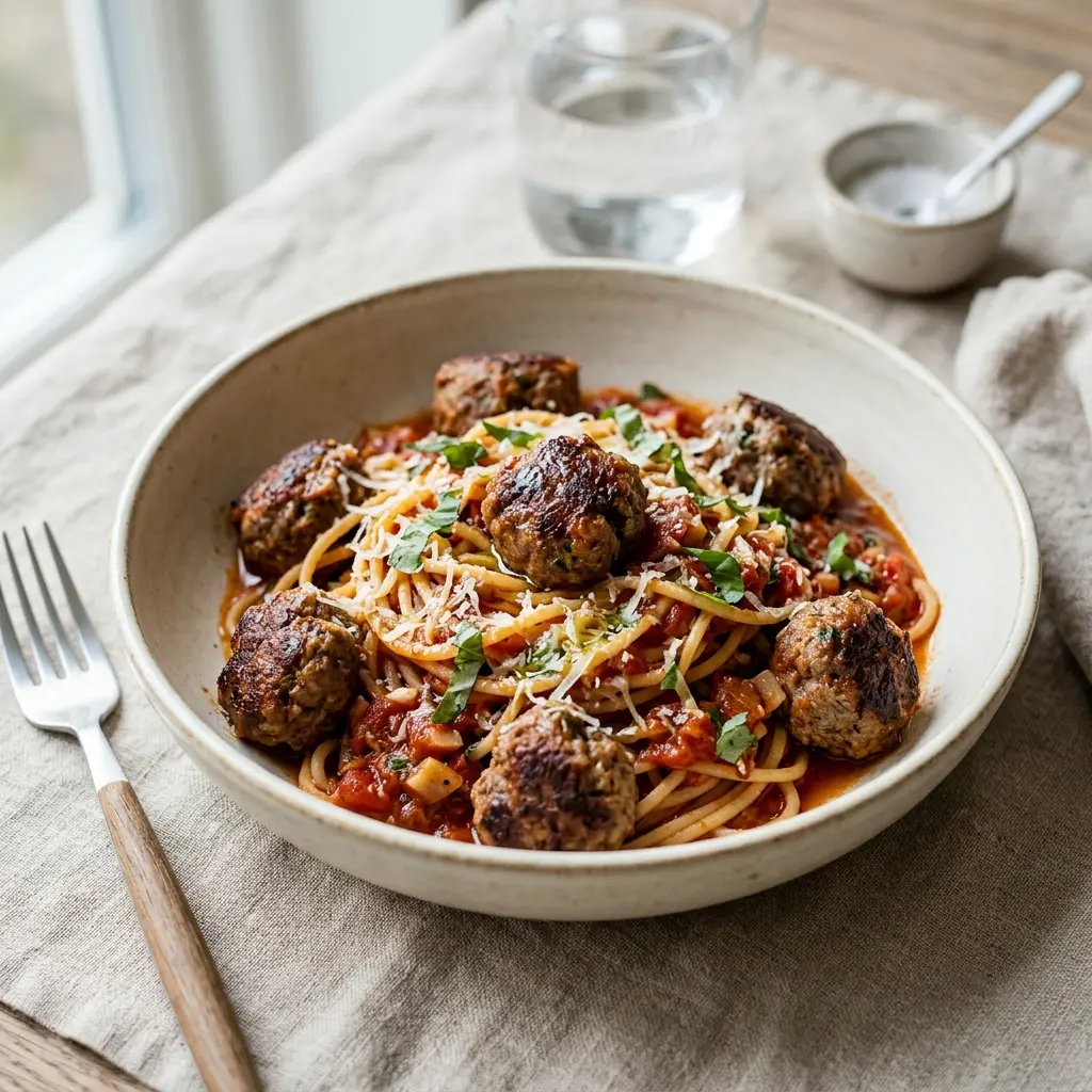 Foto del plato terminado de la receta pasta con albóndigas